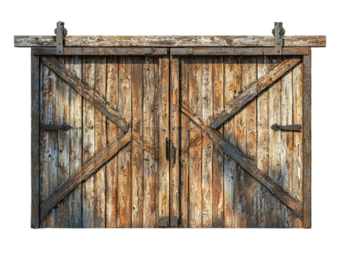 Rustic Wooden Barn Door with Weathered Texture Isolated on transparent background