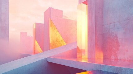 Fototapeta premium 3.A surreal composition of a geometric building with sharp edges and floating elements, bathed in soft pastel lighting for a dreamlike atmosphere.