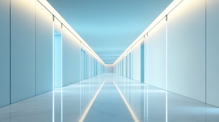 74.A symmetrical 3D light corridor with glowing panels and reflective surfaces, radiating a calming blue hue. The minimalist design features smooth walls, sharp angles, and a soft glow, creating a