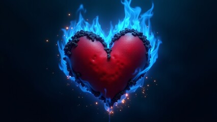 A charred red heart engulfed in vivid blue flames against a dark navy background. Flickering fire and glowing embers evoke the intensity of love and its consuming pain.