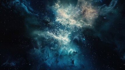 Fototapeta premium a cosmic journey through a vast expanse of stars and galaxies, white space in the center of the page for text, vibrant and surreal hues against a dark background