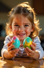 Fototapeta premium A young child with brown hair smiles brightly while holding two vibrantly colored Easter eggs in a cozy indoor setting, showcasing the excitement of a spring holiday tradition.