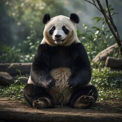 Obraz premium A panda sitting cross-legged, meditating peacefully.