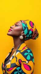 Naklejka premium Elegant African Woman with Colorful Headscarf Posing Against Bright Yellow Background, Showcasing Bold Fashion Choices and Vibrant Personal Style