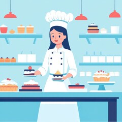 Bright and Cheerful Bakery Scene Featuring a Chef in Uniform Preparing Delicious Pastries and Cakes in a Vibrant Kitchen with Colorful Treats Displayed