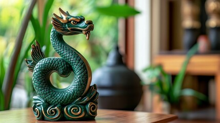 Detailed green dragon sculpture in serene indoor setting