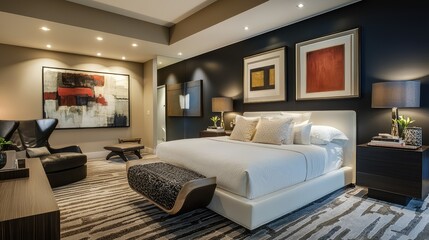 Modern Elegant Bedroom with Stylish Decor and Soft Lighting