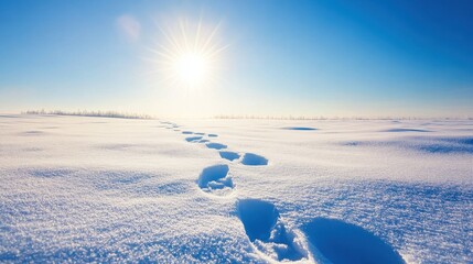 Human footprints in the snow in a snowdrift under sunlight close-up,Fresh footsteps, footprints, shoe prints or shoe marks in the shallow snow,glittering,sparkling in the winter sun,copy space.