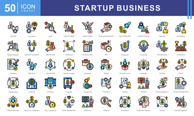 Startup Business icon collection set. Containing project, entrepreneur, company, business, management, development, collaboration icon.