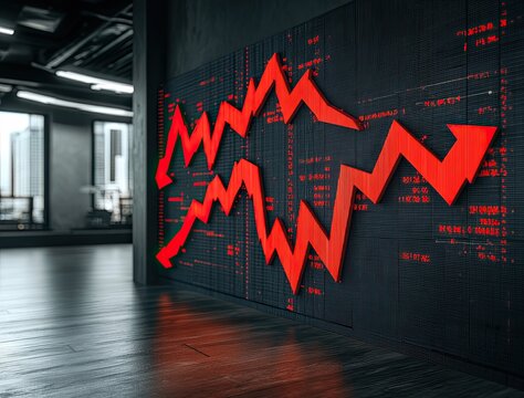 Red arrow down chart on wall. Stock market crash concept.