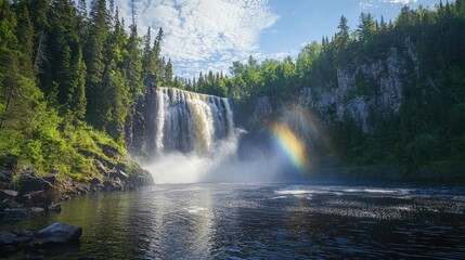 Fototapeta premium Majestic Waterfall with Rainbow and Lush Green Forest in Background