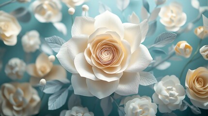 Paper roses, teal background, floral art, wedding invitation design