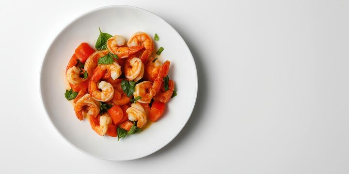 A delicious plate of vibrant shrimp mixed with fresh vegetables, garnished with herbs, showcasing a delightful culinary creation that's both appealing and appetizing.