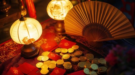 Traditional bamboo fans and lamps illuminating a table of red envelopes and gold coins.