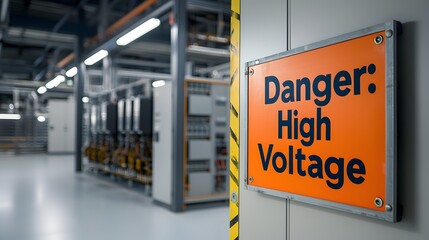 Bright Orange Safety Signboard with Bold Text Indicating High Voltage in Industrial Setting