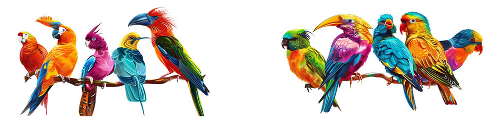 Two sets of colorful birds are perched on a branch