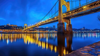Illuminated Bridge Reflections on Calm Water at Dusk in Cityscape