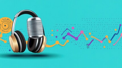 Naklejka premium Stylish headphones and microphone on a vibrant turquoise background with colorful graphs representing sound waves and audio trends in modern music production