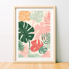 Pastel Tropical Leaves Wall Art Print   Modern Botanical Illustration