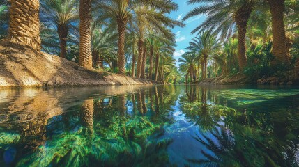 Tranquil Oasis with Palm Trees and Reflective Water Surface