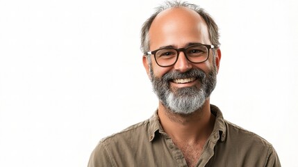 Obraz premium Smiling Mature Man Portrait: A friendly, middle-aged man with glasses and a salt-and-pepper beard smiles warmly at the camera. His kind eyes and genuine smile convey approachability and confidence. 