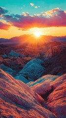 Obraz premium Vibrant Sunset Over Rugged Mountains in Colorful Landscape Scene