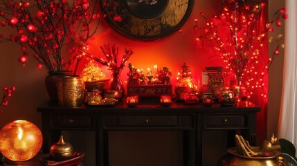 corner into a small Chinese New Year altar with symbolic items, red lights, and golden decorations.