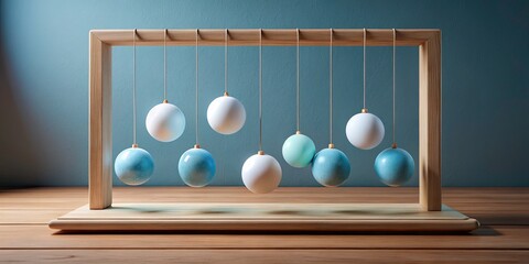 Minimalist Pendulum Sculpture with Light Blue and White Spheres on Wooden Frame â€“ Modern Art, Interior Design, Home Decor, Contemporary Sculpture, Minimalism, Artistic Installations