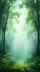 Fototapeta premium Enchanted Forest Scene with Lush Greenery, Soft Light Filtering Through Tall Trees, Creating a Serene and Tranquil Atmosphere in Nature