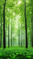 Obraz premium Lush Green Forest with Tall Trees Surrounded by Mist and Vibrant Underbrush Creating a Serene Nature Landscape in Harmony with the Environment