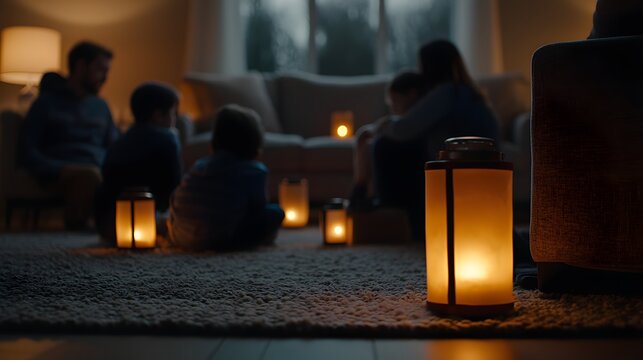 Family Gathering in a Cozy Living Room with Candlelight During Power Outage in a Warm Atmosphere