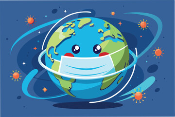 Naklejka premium Vector animation of globe wearing face mask, spinning with hmpv and covid virus particles orbiting around, loopable design hmpv and covid virus Clipart Vector