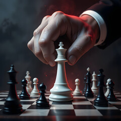 Powerful Hand Moving White Queen in High-Stakes Chess Game
