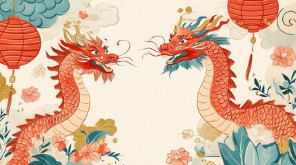 Obraz premium Whimsical Chinese New Year 2025 invitation sign showcasing playful dragon illustrations, lanterns, and floral accents.