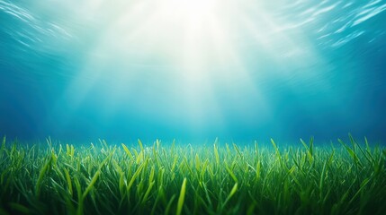Obraz premium Underwater Scene of Lush Green Grass Illuminated by Sunlight with Glimmers Reflecting Off the Water Surface Creating a Calm and Serene Atmosphere