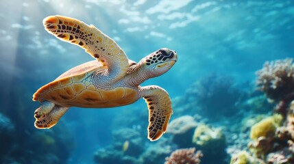 Fototapeta premium Majestic Sea Turtle Swimming Gracefully Through Vibrant Coral Reef With Sunlight Filtering Down Beneath The Surface Of The Clear Blue Ocean
