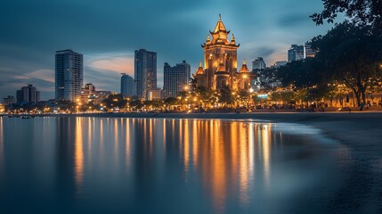 Fototapeta premium Illuminated Cityscape Beachfront Tower at Night