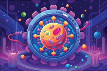 Microscopic view of hmpv and covid virus inside human cell, vibrant colors, highly detailed, futuristic sci fi aesthetic Clipart Vector