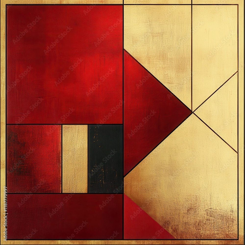 Poster Abstract Geometric Composition with Red and Gold Textures