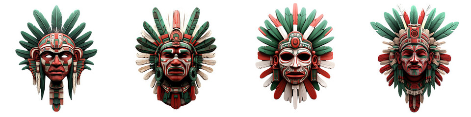 Four different faces with feathers on them