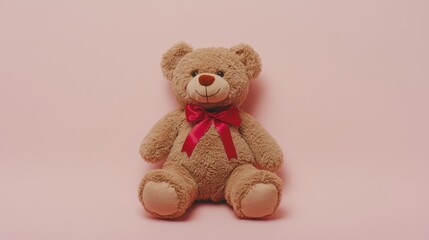 Obraz premium Adorable Brown Teddy Bear with Red Bow on Pink Background