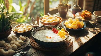 Fresh and Delicious Asian Breakfast Spread with Fruits and Dumplings