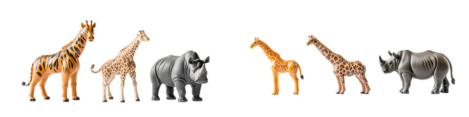 Fototapeta premium A group of toy animals, including a giraffe, a rhino, and a tiger