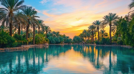Obraz premium Serene Sunset Over Tranquil Oasis with Lush Palm Trees and Reflection
