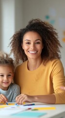 Joyful mother and child bonding over creative activities at home, showcasing smiles and a warm atmosphere filled with engagement and love in bright daylight.