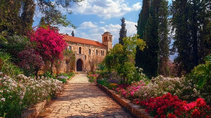 Naklejka premium Serene Garden Pathway Leading to Historic Stone Building