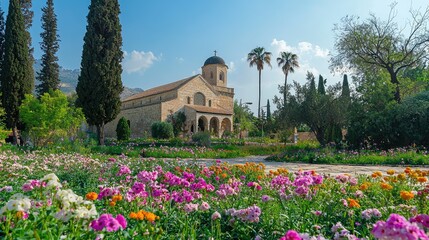 Naklejka premium Beautiful Flower Garden Surrounding Historic Stone Church with Trees