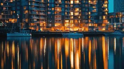 Fototapeta premium Scenic Night View of Modern Waterfront Buildings with Reflections