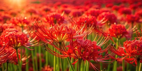 Red Spider Lily Hurricane Lily Aerial Photography: Sunlit Flowers, Autumn Blooms, Fiery Red Petals,  Stunning Aerial View
