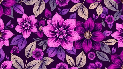 A vibrant and decorative floral illustration featuring purple and pink flowers with intricate designs and details, creating a seamless pattern against a rich dark background